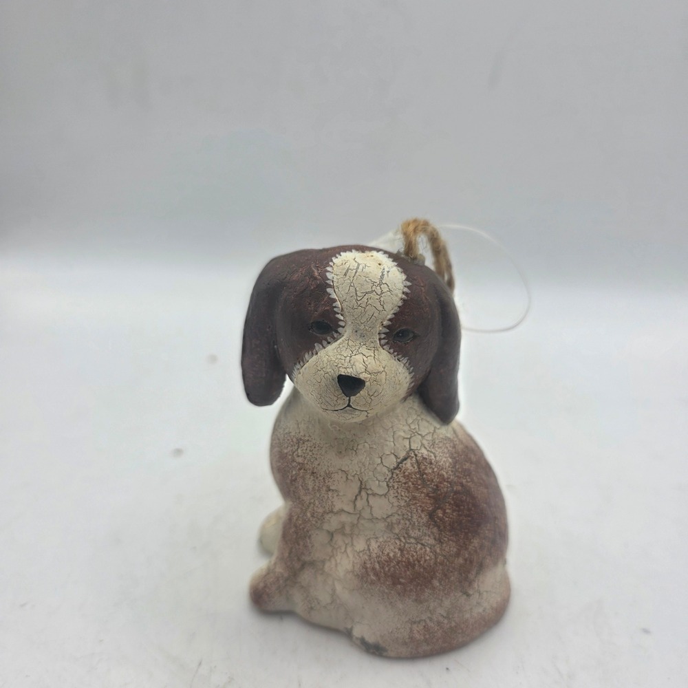 Brown White Dog Puppy Figurine Hanging Ornament Distressed Crackle Finish